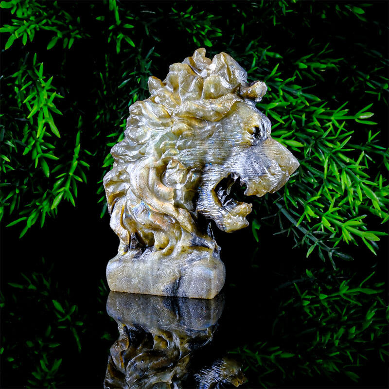 Labradorit Doğal Taş Özel El Oyması Aslan Obje