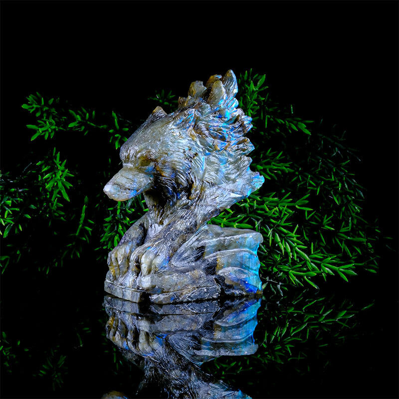 Labradorit Doğal Taş Özel El Oyması Kurt Obje