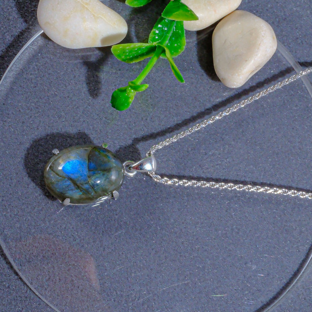 Labradorit Doğal Taş Gümüş Bayan Kolye