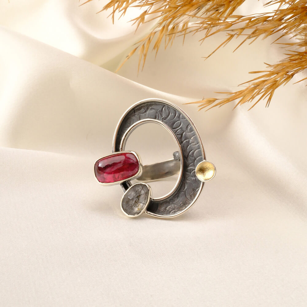 5A+ Kalite Turmalin Rutil Kuvars Doğal Taş Gümüş Bayan Yüzük