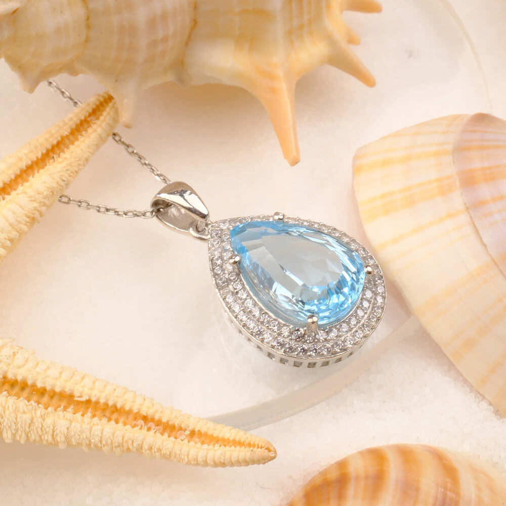 Blue Topaz Doğal Taş Gümüş Bayan Kolye (12ct)