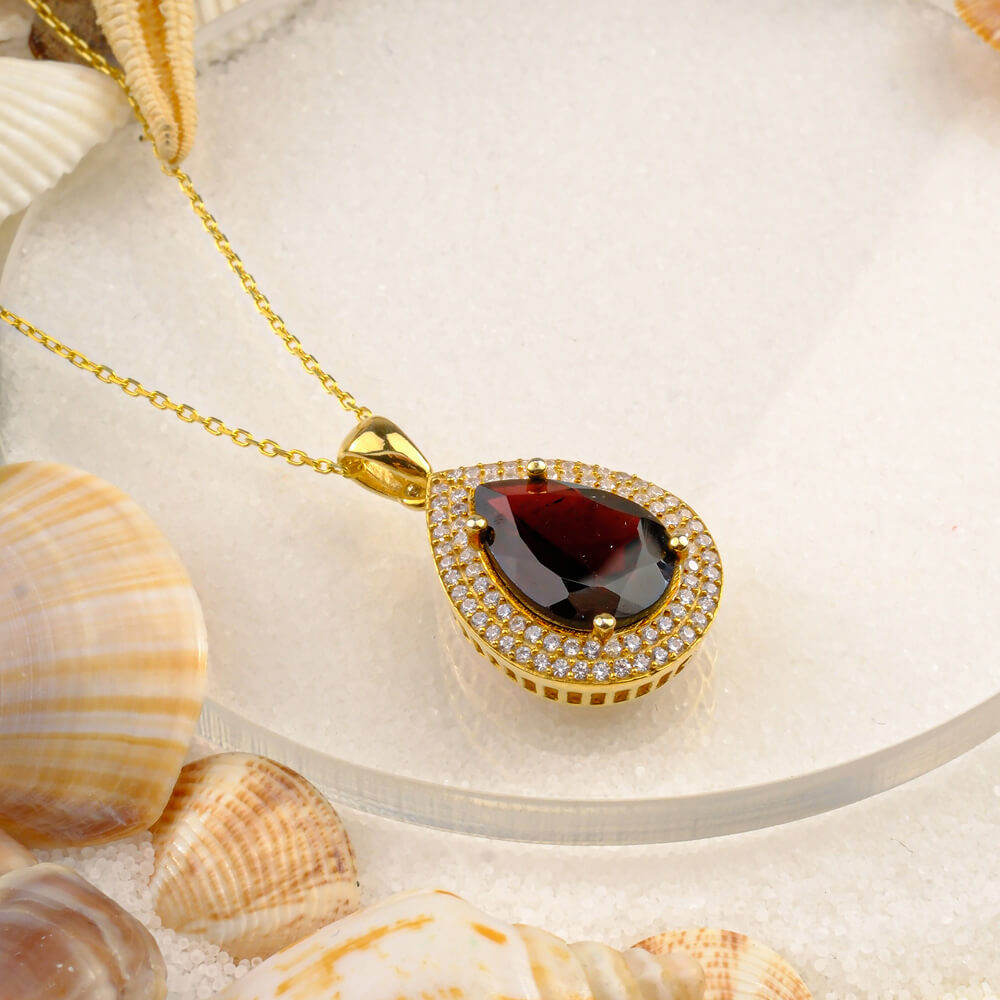 Garnet (Lal) Doğal Taş Gümüş Gold Bayan Kolye