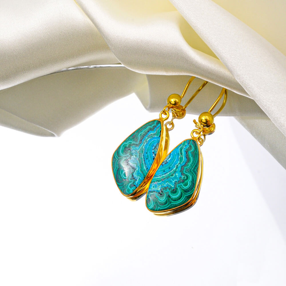 Özel Dilim Malahit Doğal Taş Gümüş Gold Küpe