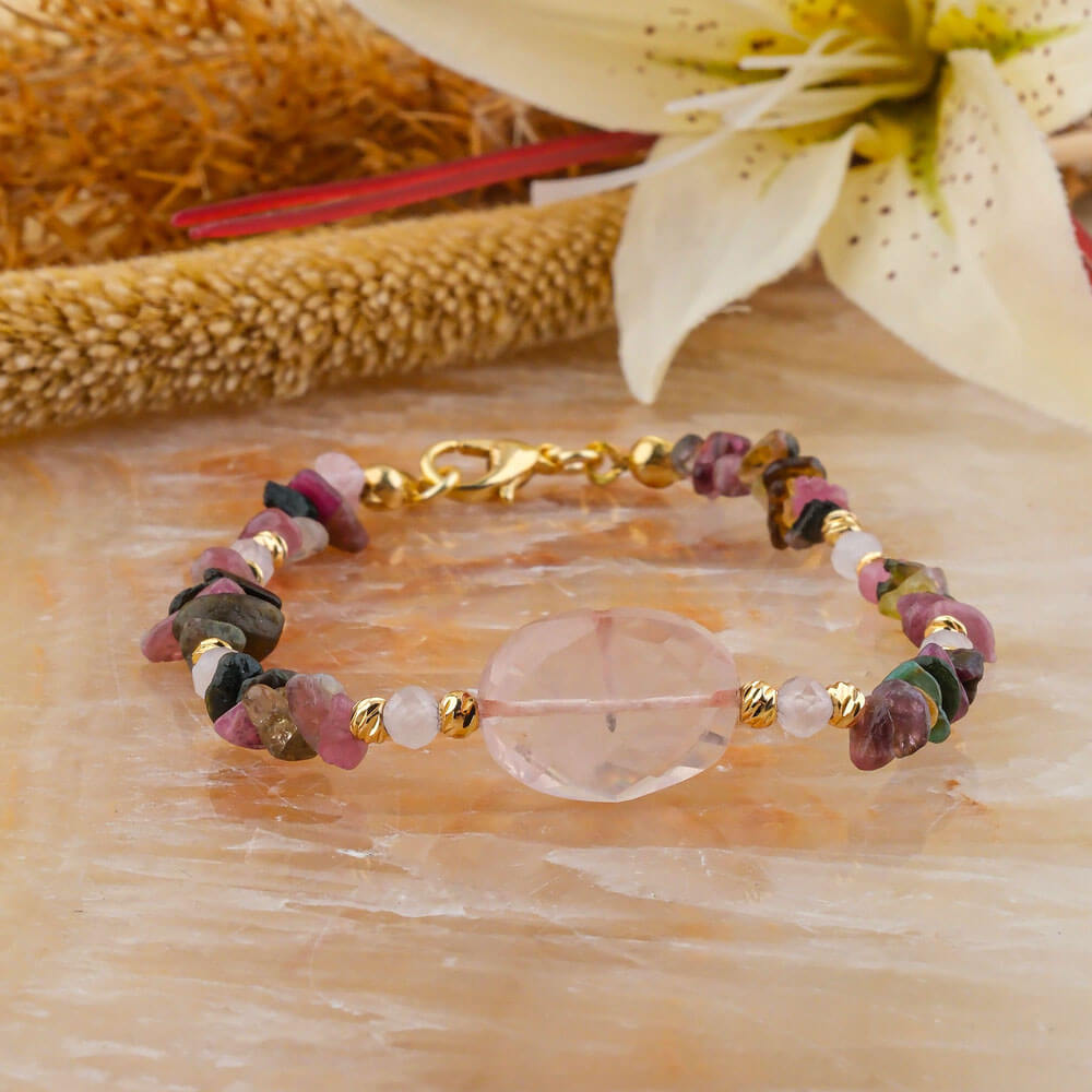 Turmalin Pembe Kuvars Doğal Taş Çelik Bileklik