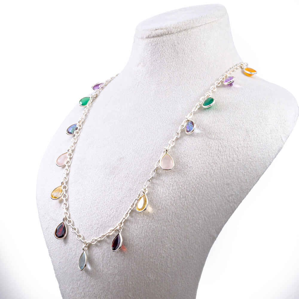 Karışık Doğal Taş Gümüş Bayan Kolye ve Küpe Set