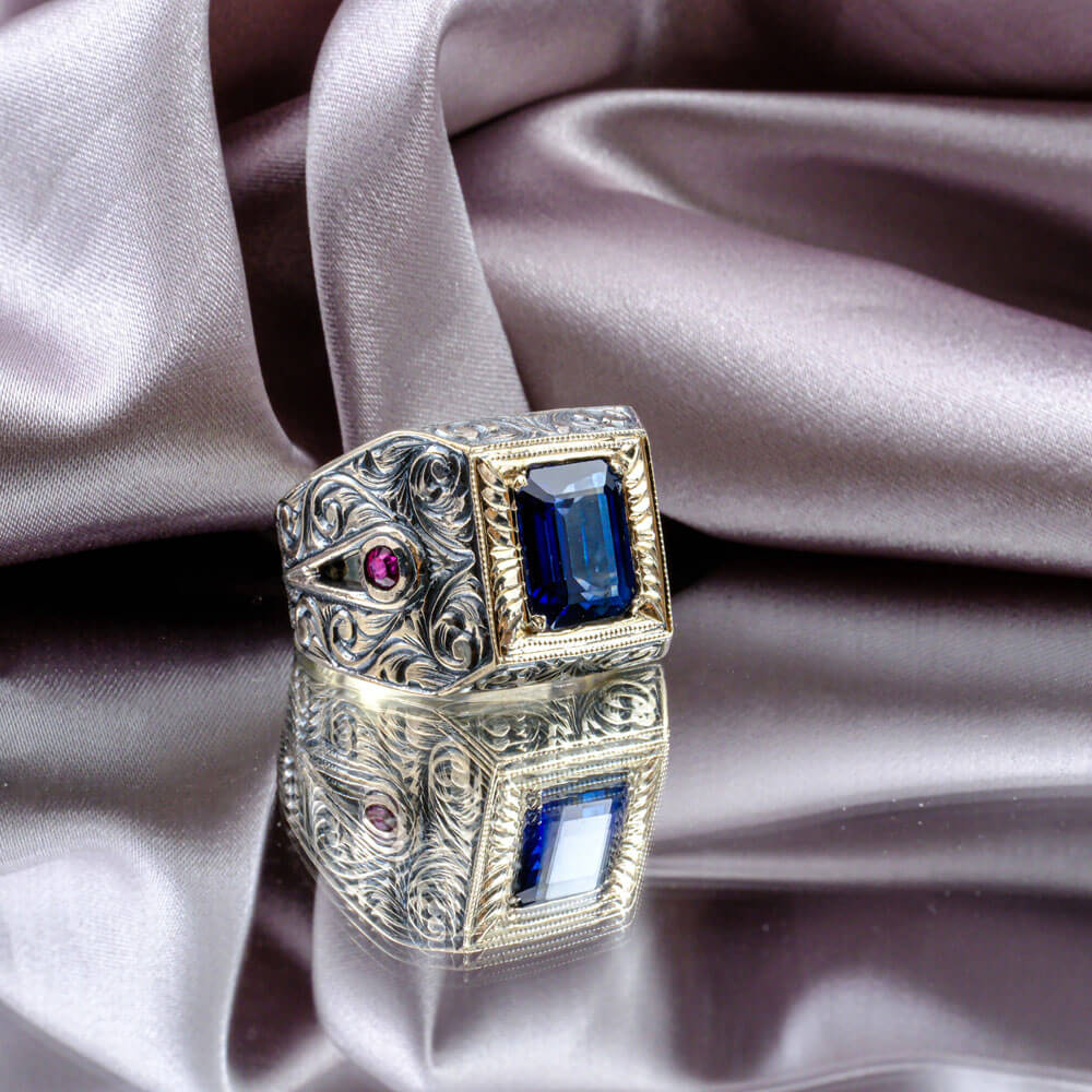 Orijinal Safir Doğal Taş Gümüş Erkek Yüzük (4ct)