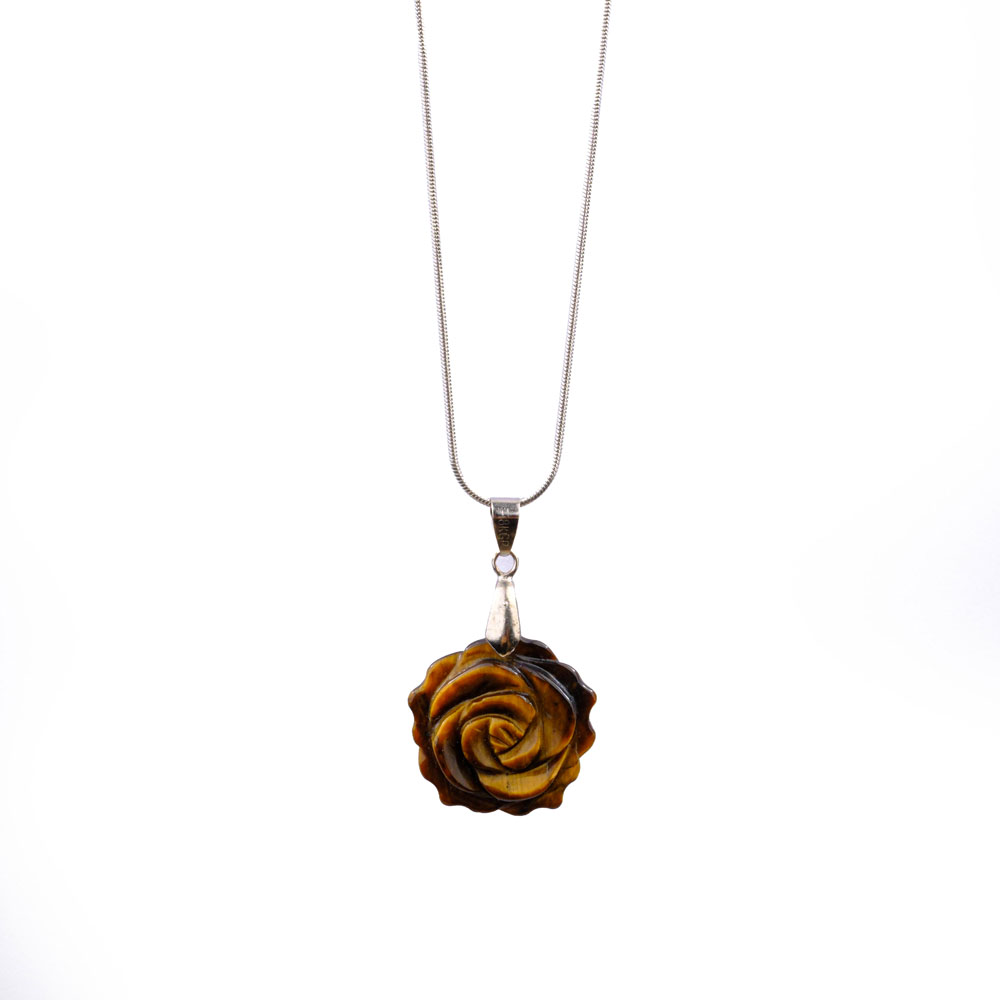 Gül Model Oyma Kaplangözü Taşı Metal Kolye (Küçük)