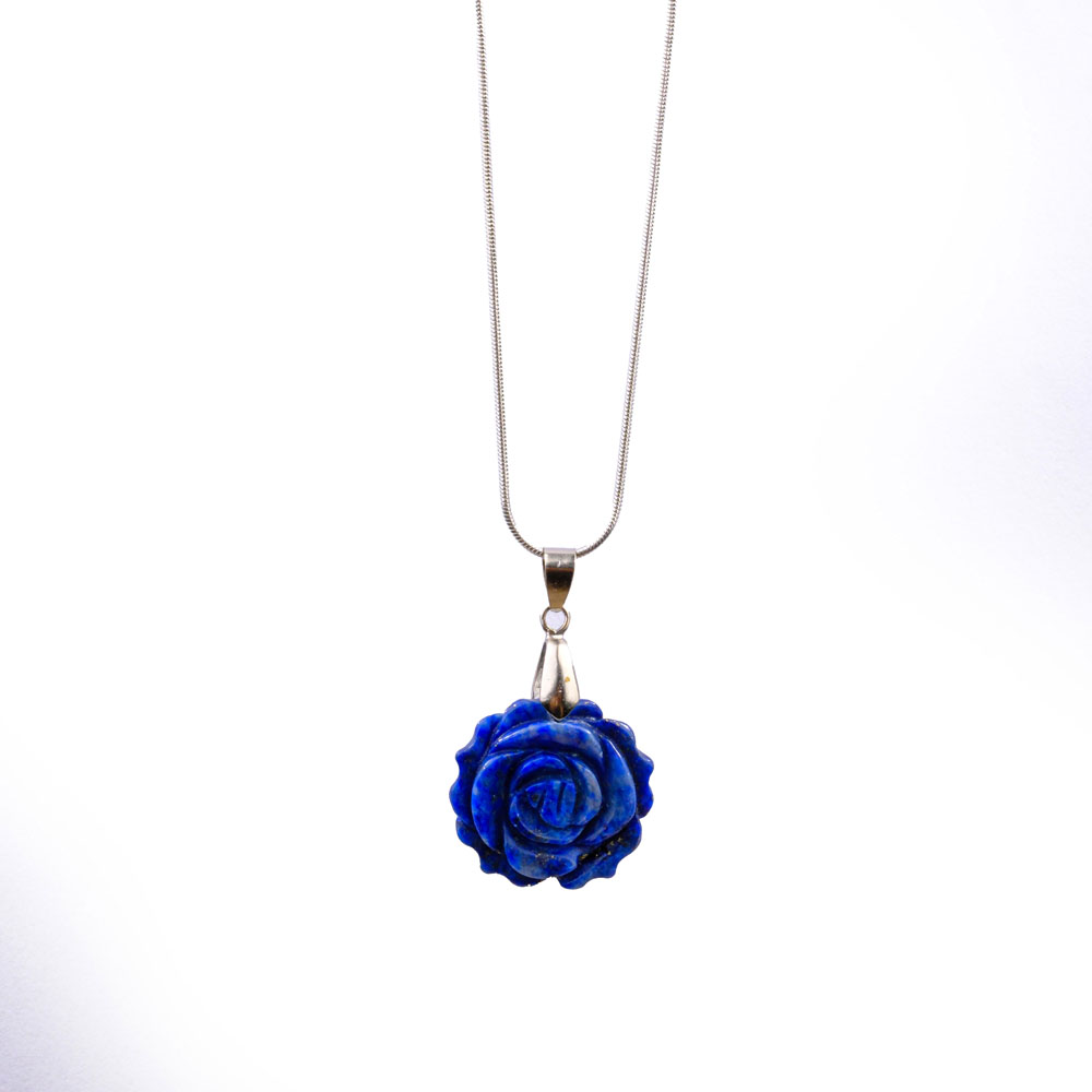 Gül Model Oyma Lapis Lazuli Taşı Metal Kolye (Küçük)