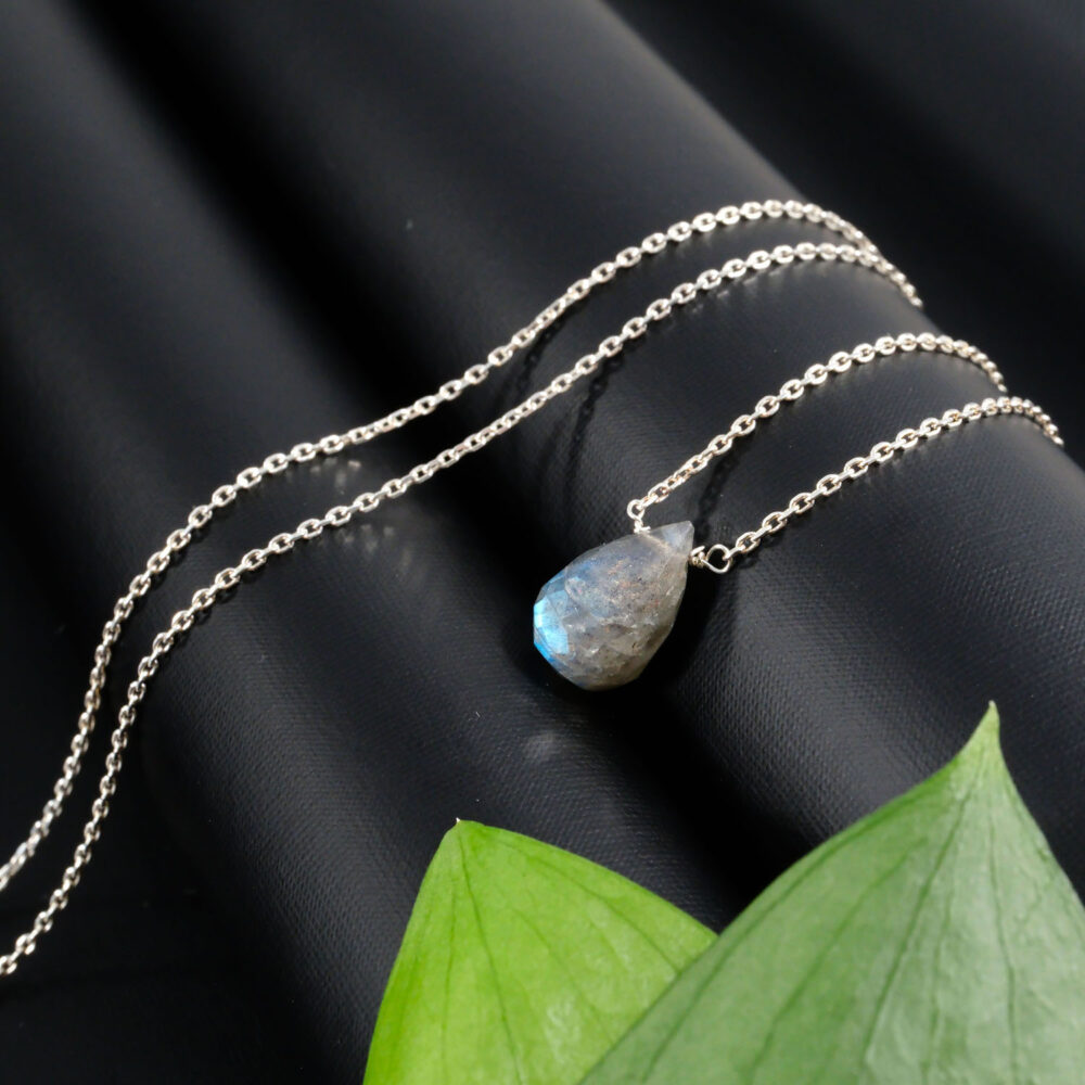 Labradorit Doğal Taş Drop Model Gümüş Kolye