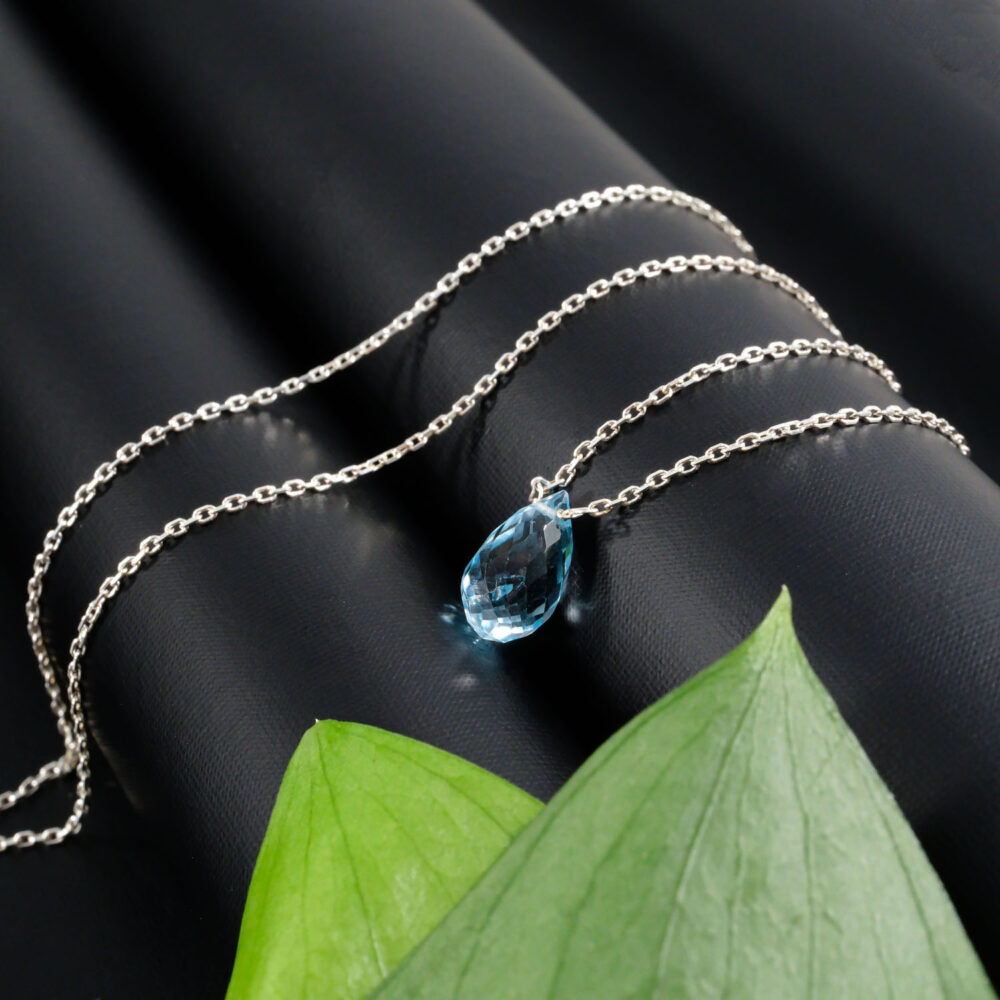 Blue Topaz Doğal Taş Drop Model Gümüş Kolye