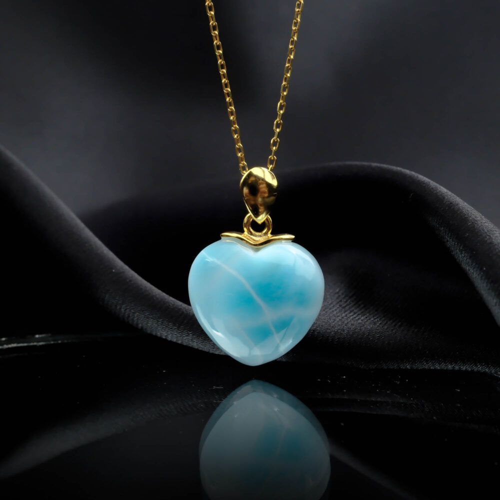 Larimar Taşı Orta Boy Kalp Model Gümüş Gold Bayan Kolye