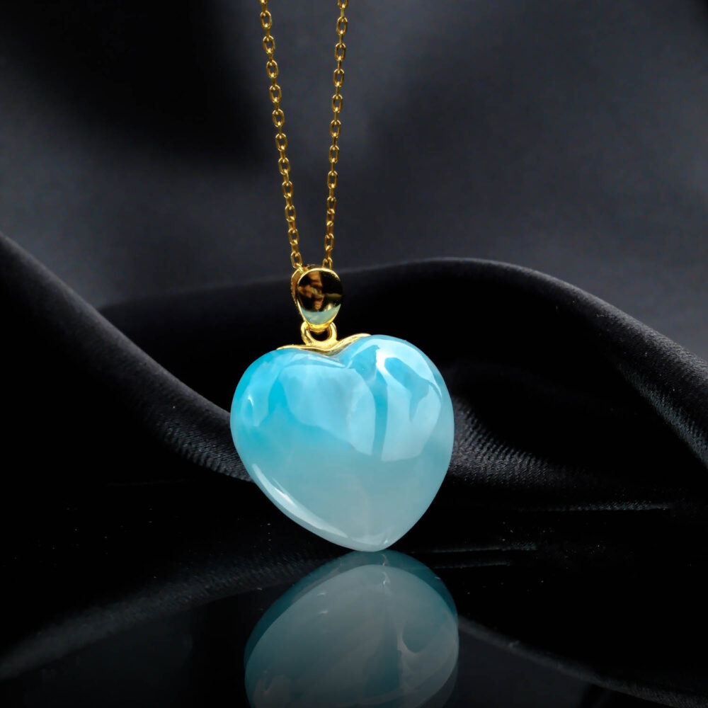 Larimar Taşı Büyük Boy Kalp Model Gümüş Gold Bayan Kolye