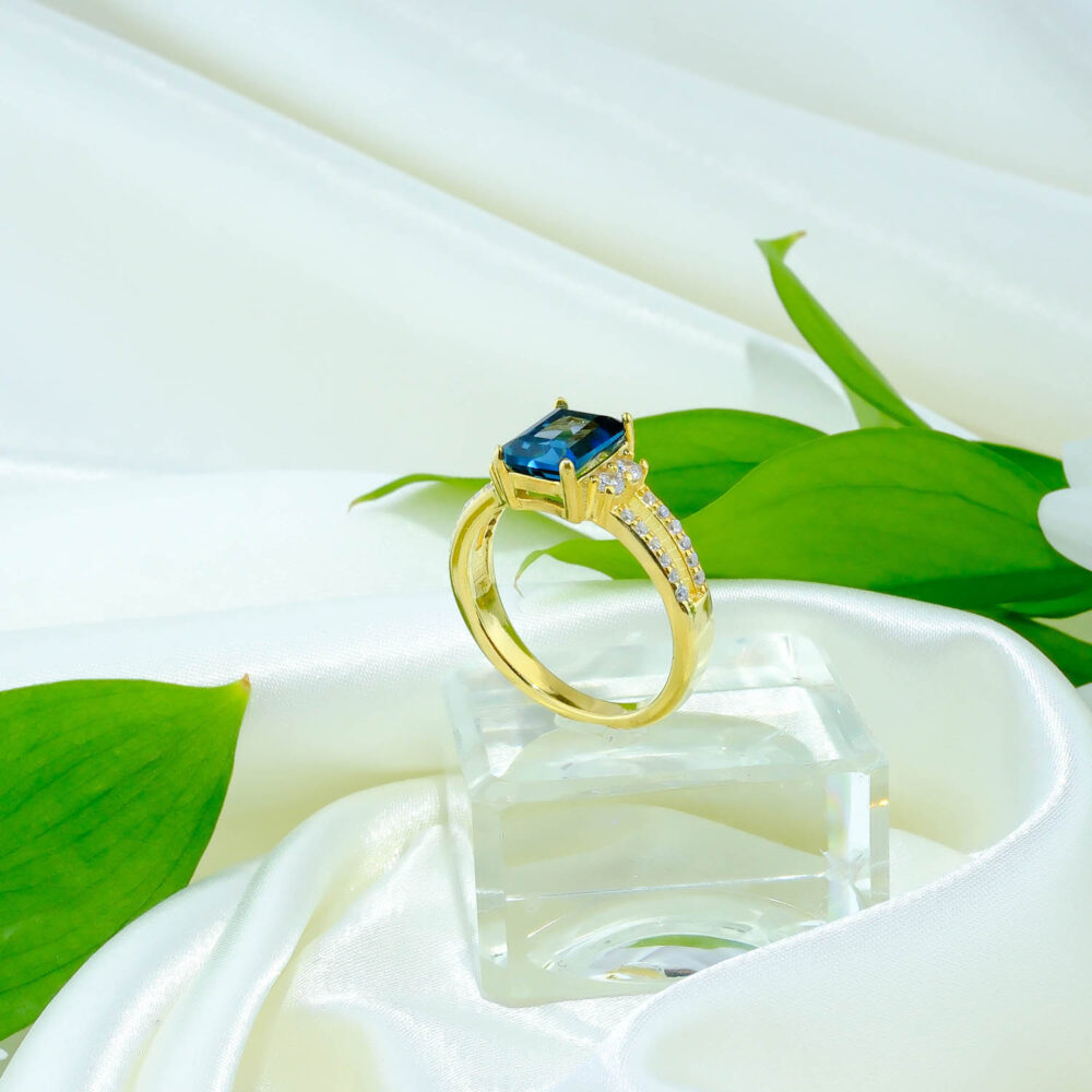 London Blue Topaz Doğal Taş Gümüş Gold Bayan Yüzük