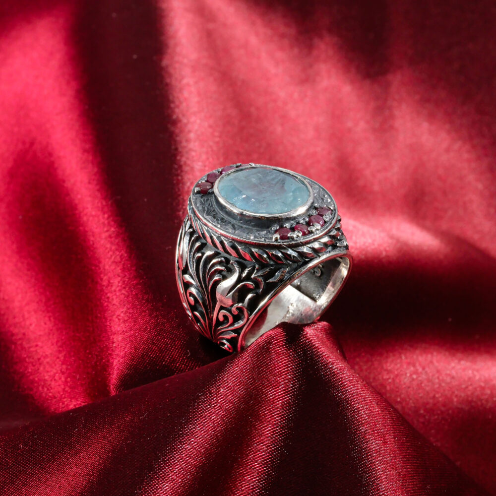 Akuamarin ve Yakut Doğal Taş Gümüş Erkek Yüzük