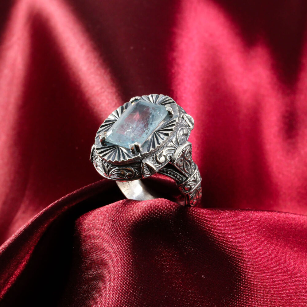 Özel Akuamarin Doğal Taş Gümüş Erkek Yüzük