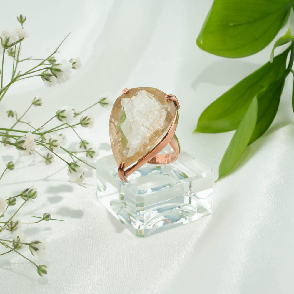 Altın Rutil Kuvars (Golden Healer) Doğal Taş Gümüş Rose Bayan Yüzük (22ct)