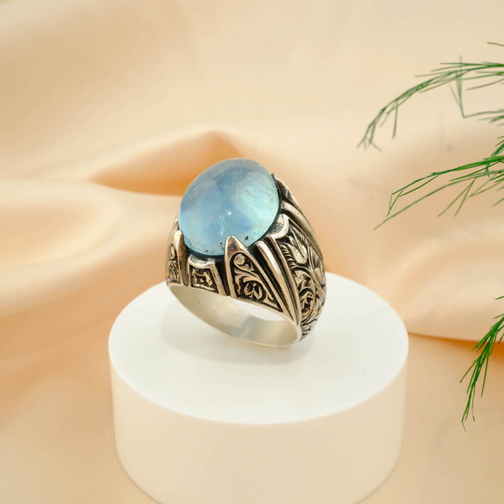 Akuamarin Doğal Taş Gümüş Erkek Yüzük (13.ct)