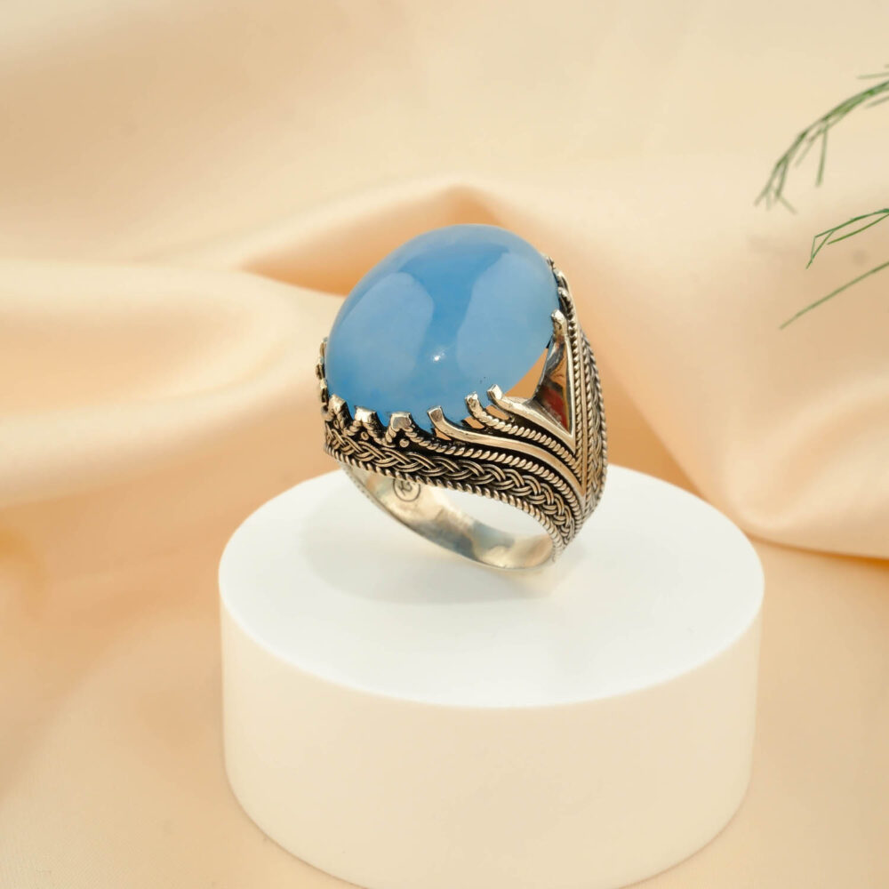 Akuamarin Doğal Taş Gümüş Erkek Yüzük (20.ct)