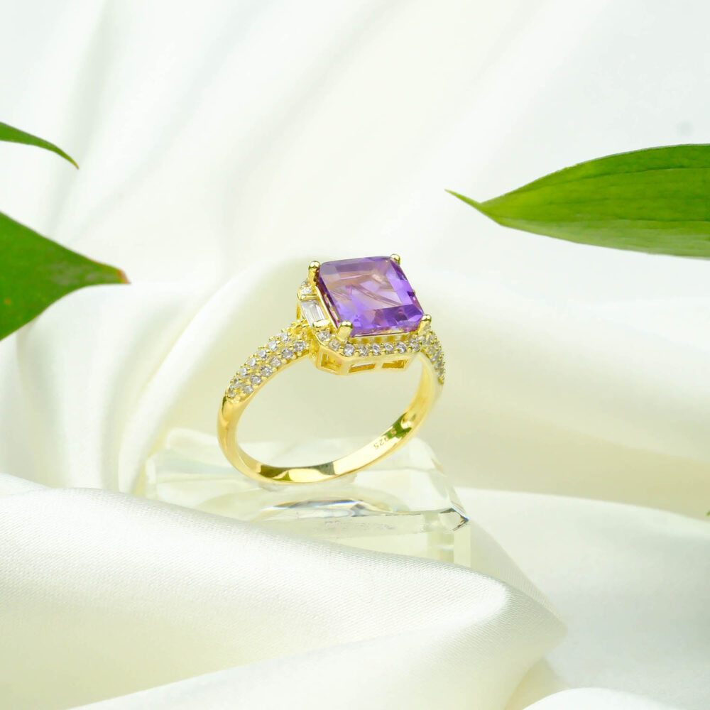 Ametist Doğal Taş Gümüş Gold Bayan Yüzük
