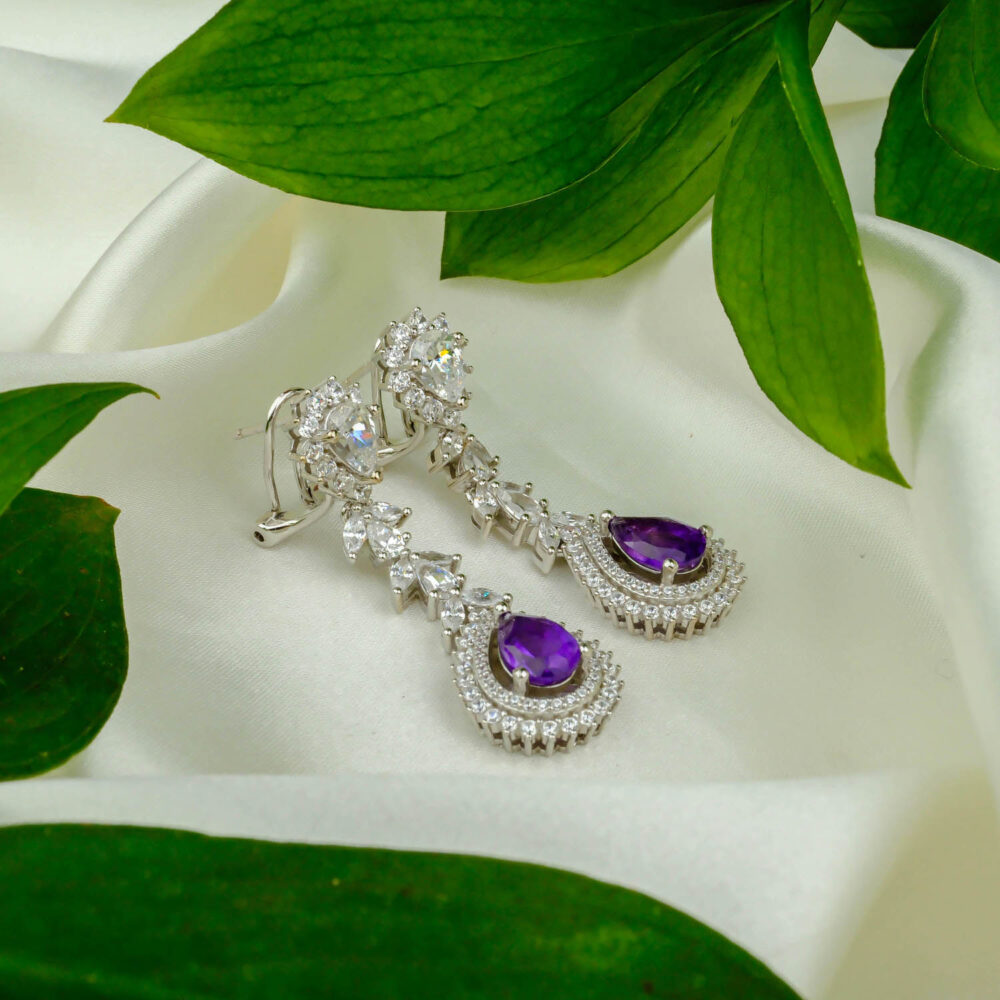 Orijinal Natural Ametist Doğal Taş Gümüş Küpe