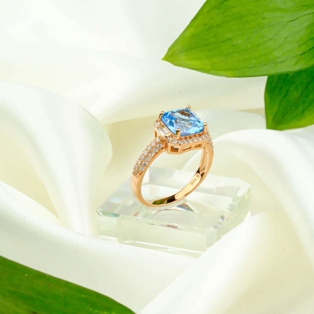 Swiss Blue Topaz Doğal Taş Gümüş Rose Bayan Yüzük