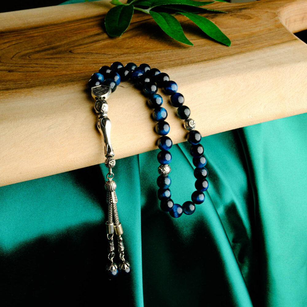 Orijinal Mavi Kaplangözü Doğal Taş 33 Metal Tesbih (8mm)
