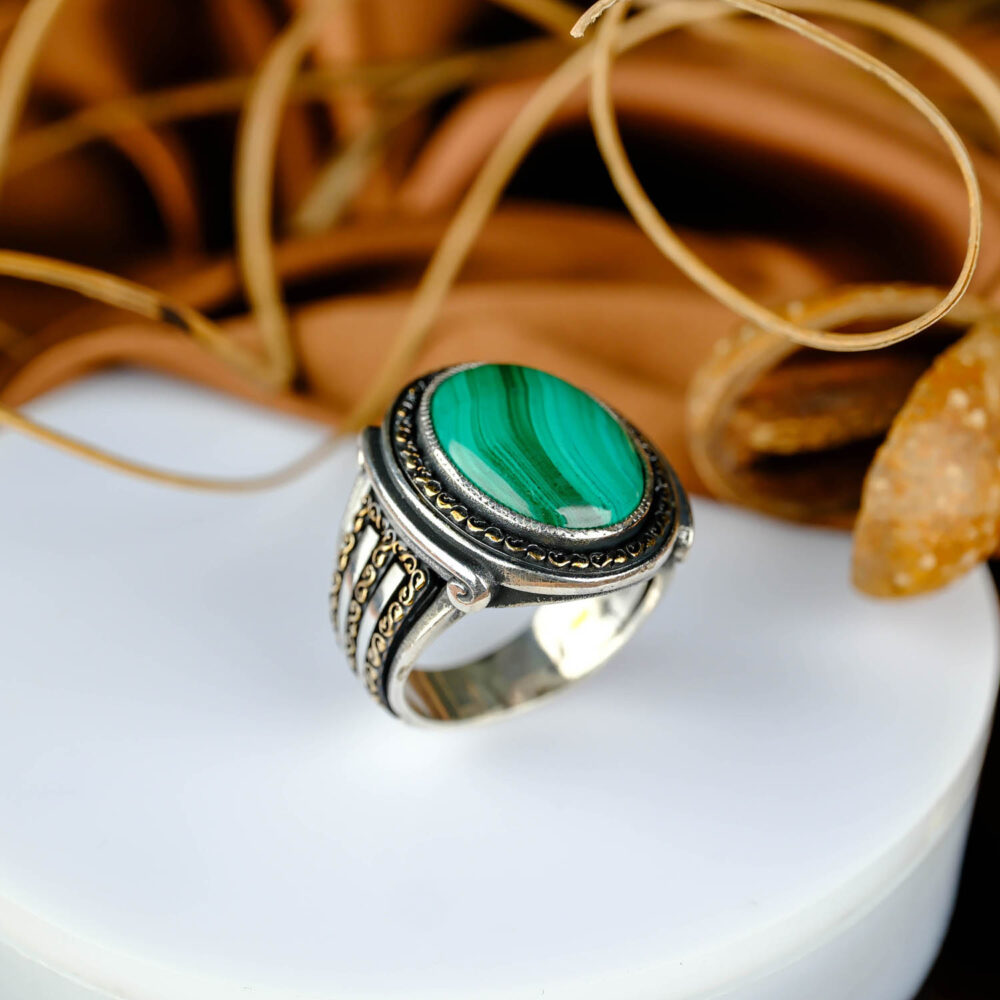 Orijinal Natural Malahit Doğal Taş Gümüş Yüzük