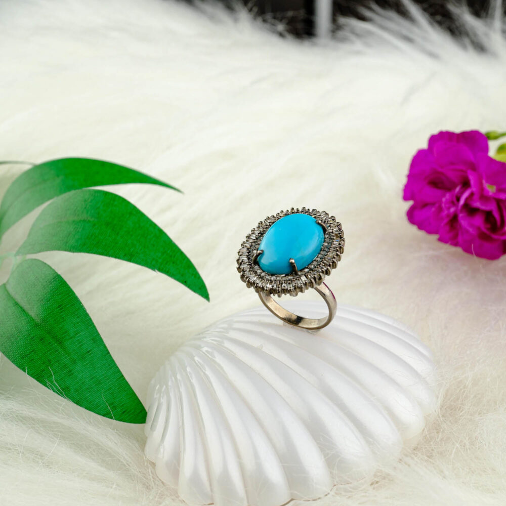 Turkuaz ve Elmas Doğal Taş Gümüş Bayan Yüzük