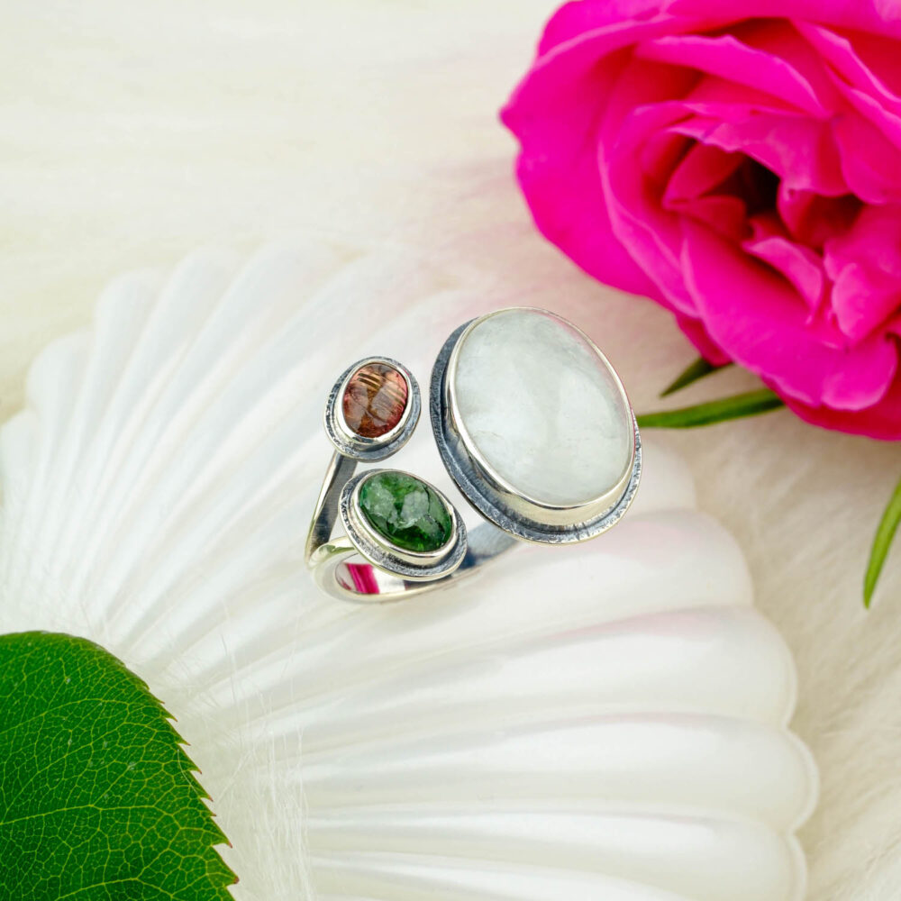 Ay Taşı Turmalin Doğal Taş Gümüş Bayan Yüzük