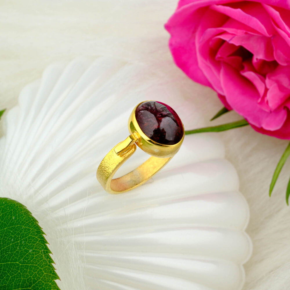 Kırmızı Turmalin Kristali Gümüş Gold Bayan Yüzük