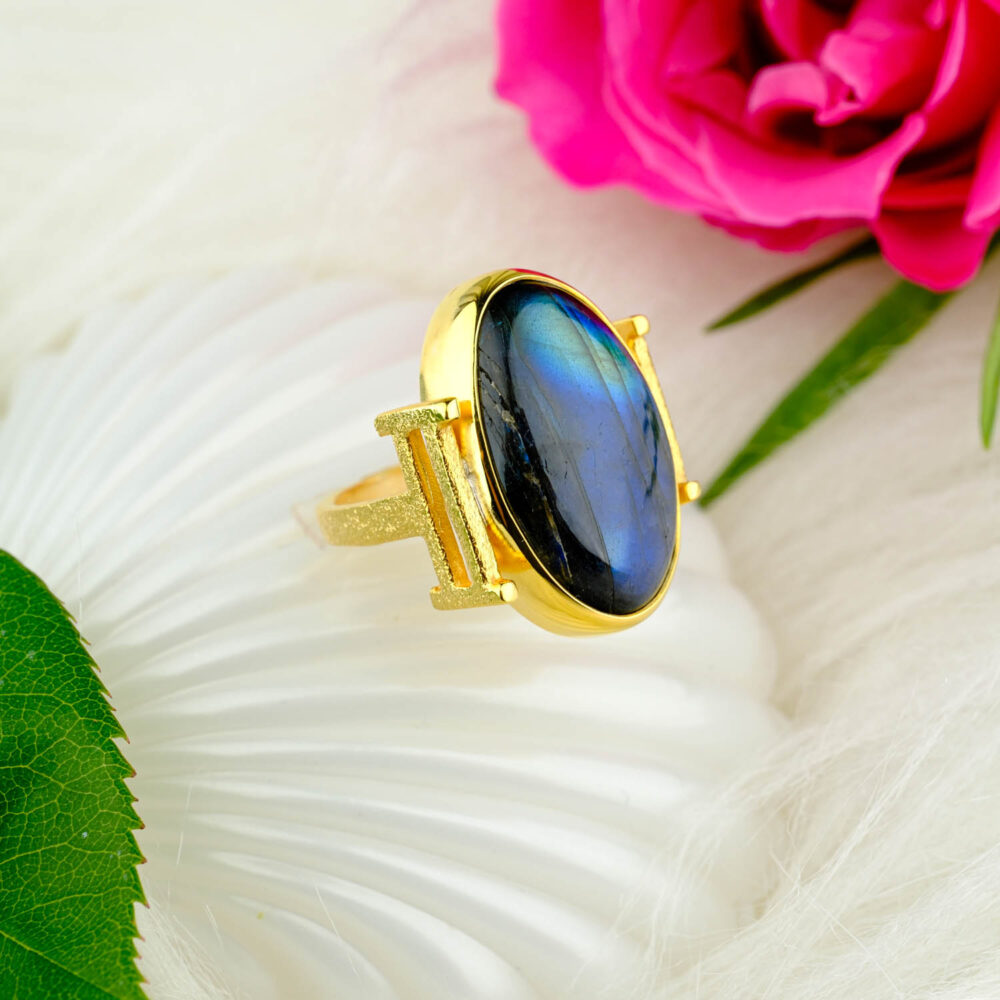 Labradorit Doğal Taş Gümüş Gold Bayan Yüzük