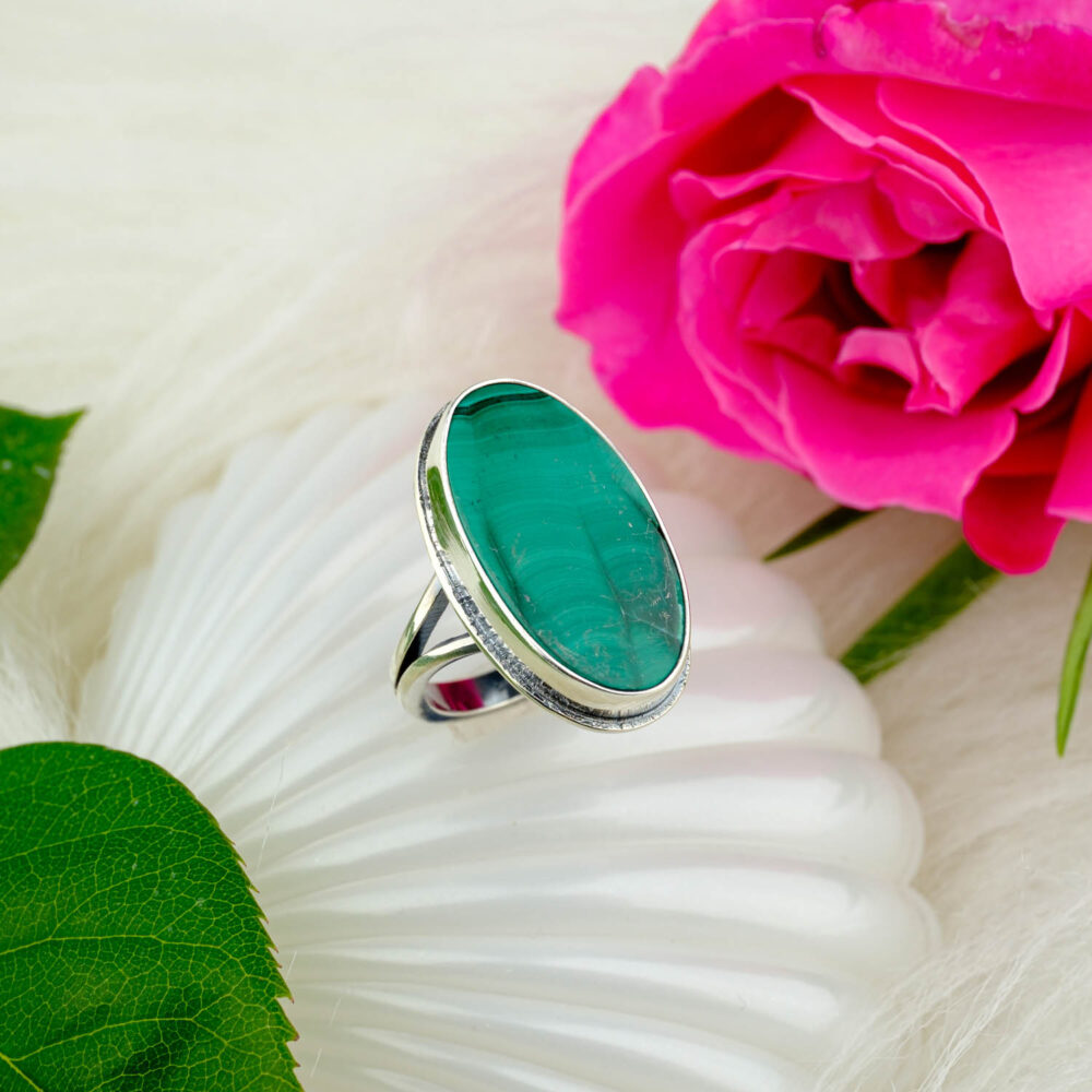 Malahit Doğal Taş Gümüş Bayan Yüzük