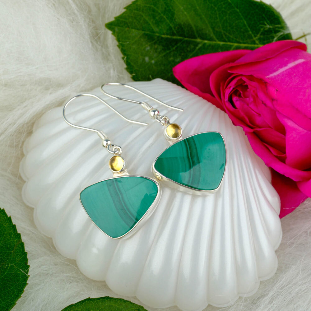 Malahit Sitrin Doğal Taş Gümüş Küpe