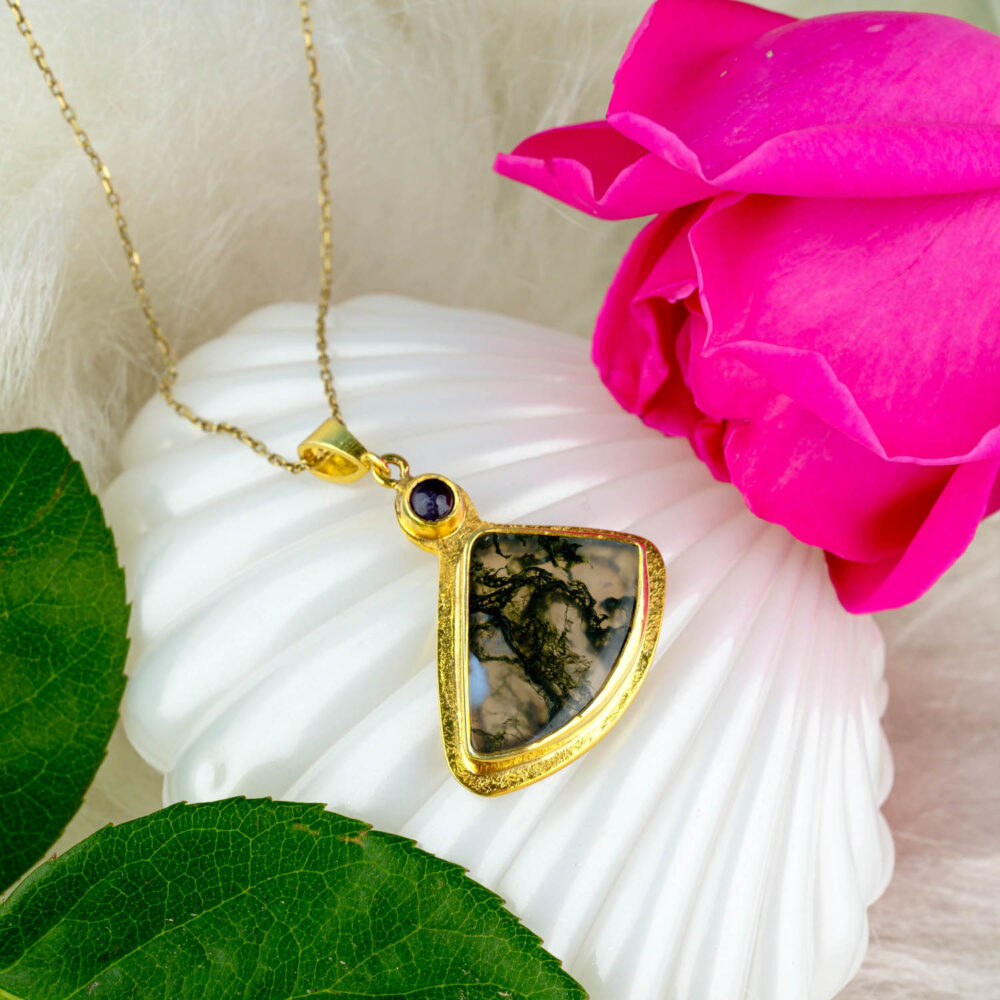 Moss Agate Akik Ametist Doğal Taş Gümüş Gold Kolye