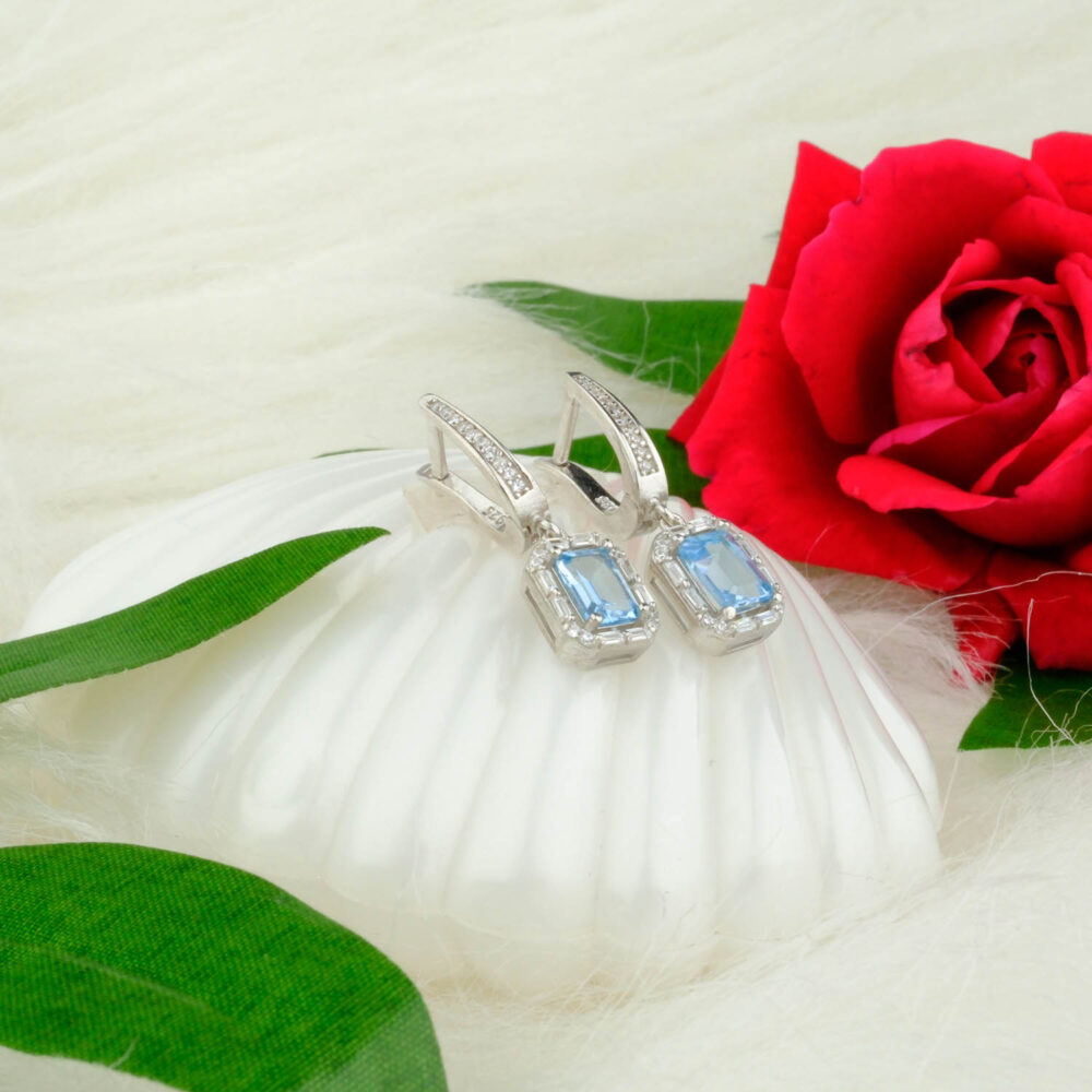 Orijinal Natural Blue Topaz Doğal Taş Gümüş Küpe (4ct)