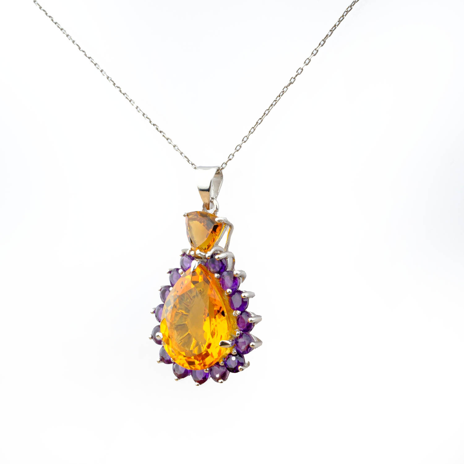 Orijinal Ametist ve Sitrin Taşı 925 ayar gümüş kolye (Sitrin 20.47 ct, Ametist 4.56 ct-13-2