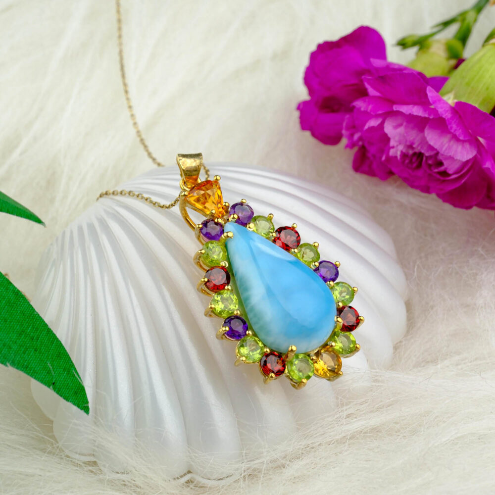 Larimar Garnet Ametist Zebercet ve Sitrin Doğal Taş Gümüş Gold Bayan Kolye