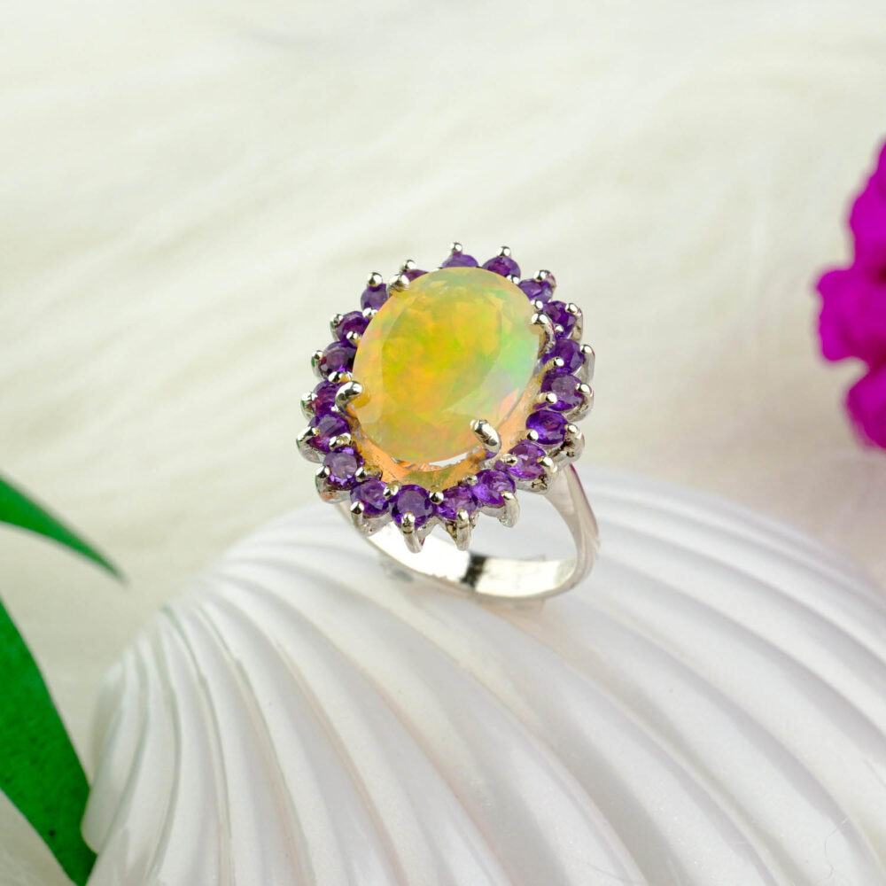 Opal Ametist Doğal Taş Gümüş Bayan Yüzük