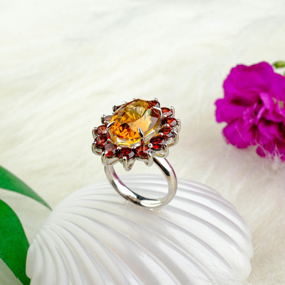Sitrin Lal (Garnet) Doğal Taş Gümüş Bayan Yüzük