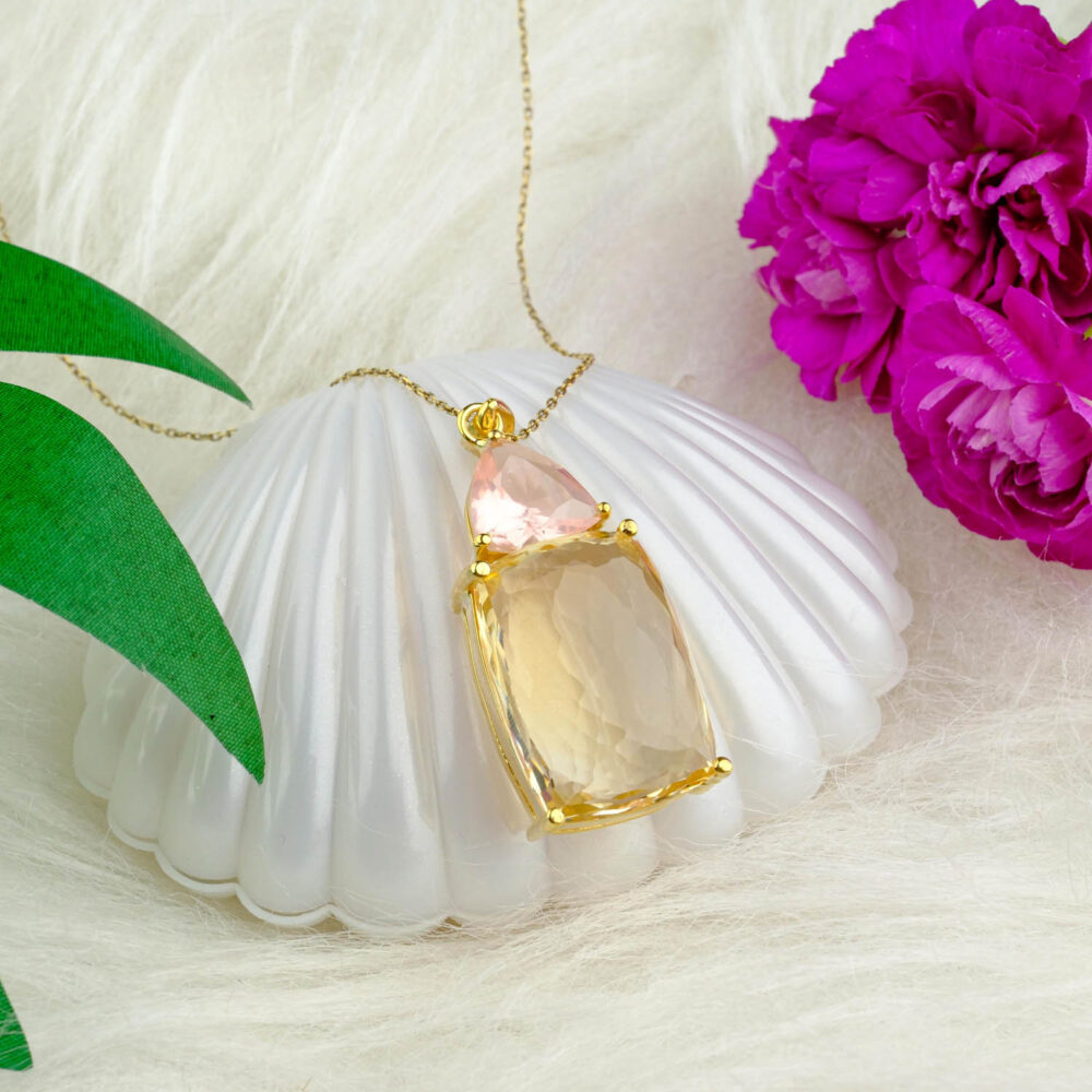 Sitrin Morganit Doğal Taş Gümüş Gold Bayan Kolye