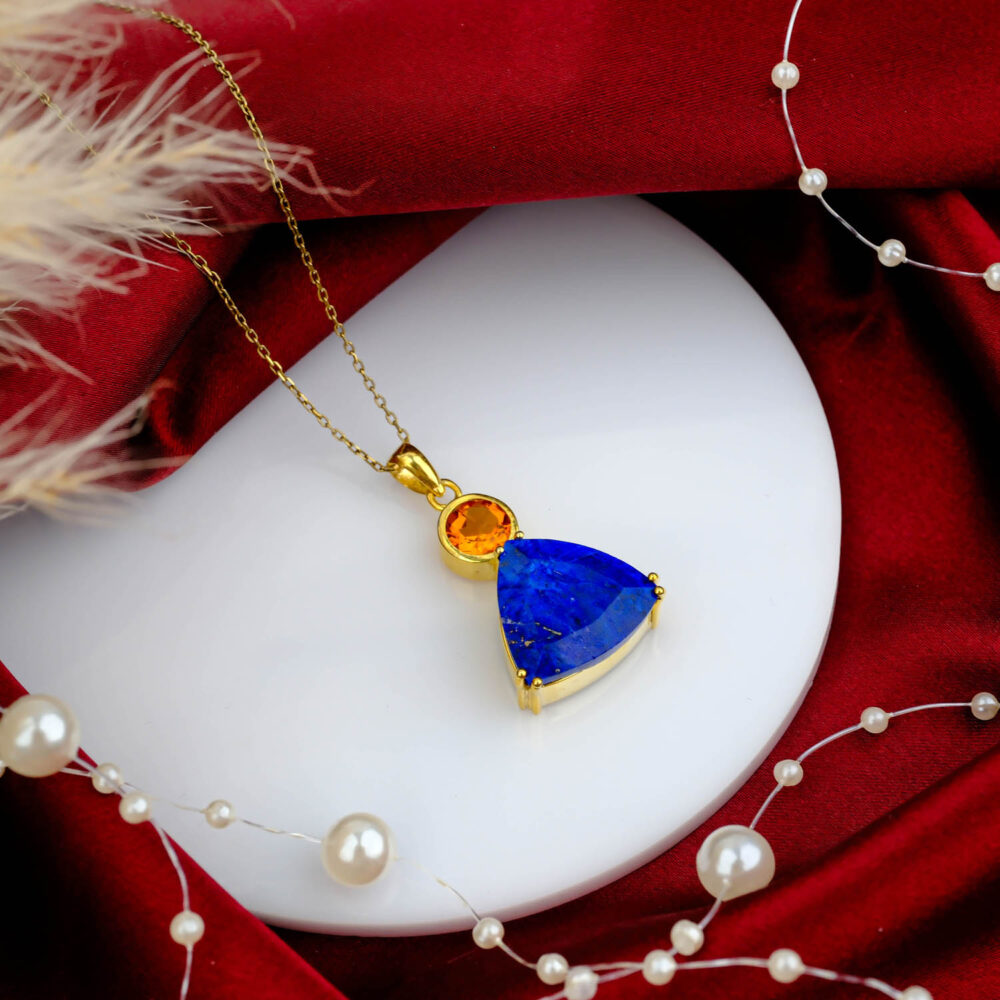 Lapis Lazuli Sitrin Doğal Taş Gümüş Gold Kolye