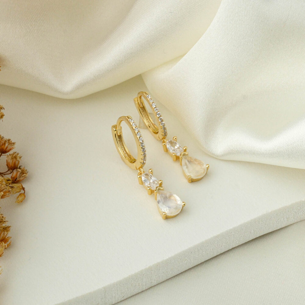 Ay Taşı Doğal Taş Gümüş Gold Küpe