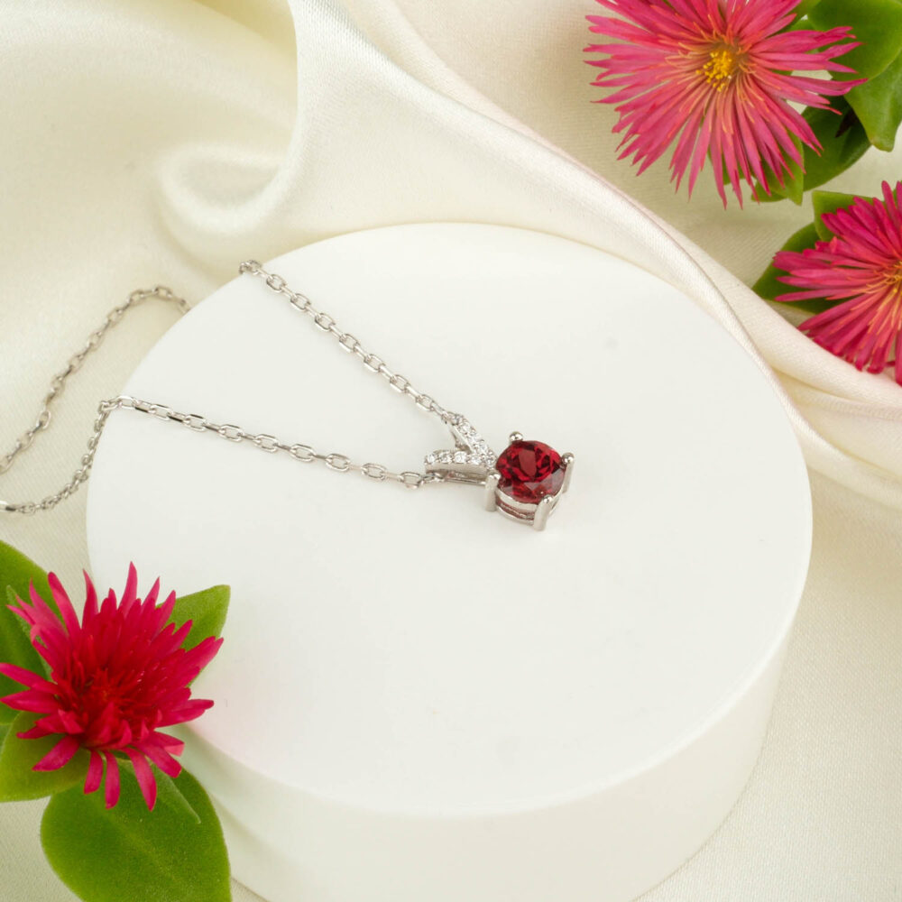 Garnet (Lal) Doğal Taş Gümüş Gold Bayan Kolye
