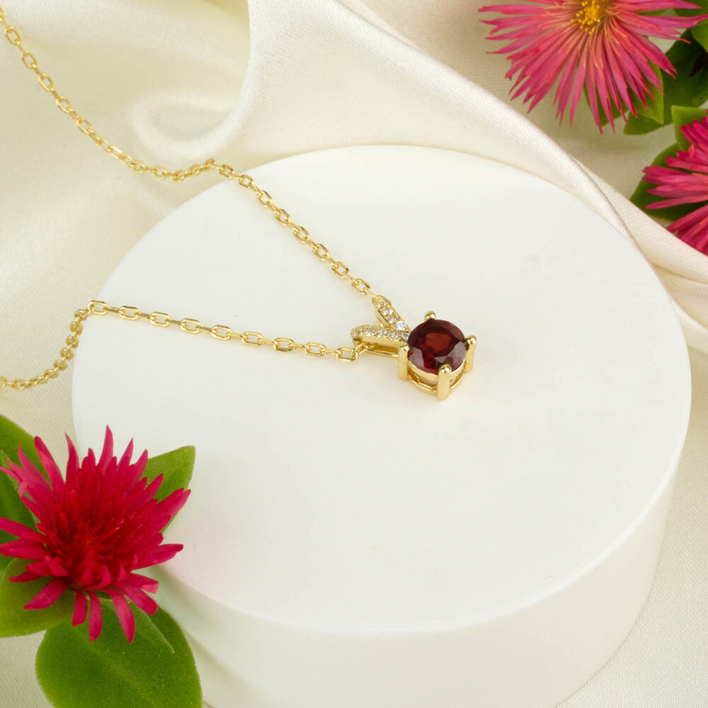 Garnet (Lal) Doğal Taş Gümüş Gold Bayan Mini Kolye