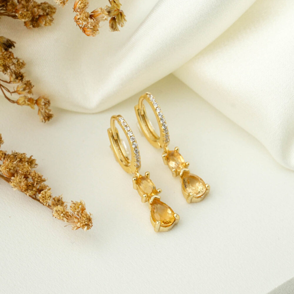 Sitrin Doğal Taş Gümüş Gold Küpe