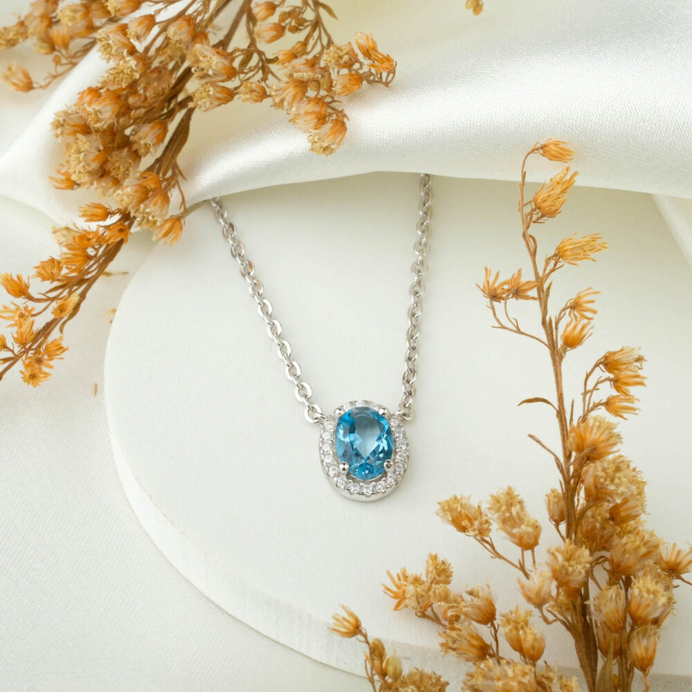Blue Topaz Doğal Taş Gümüş Bayan Kolye