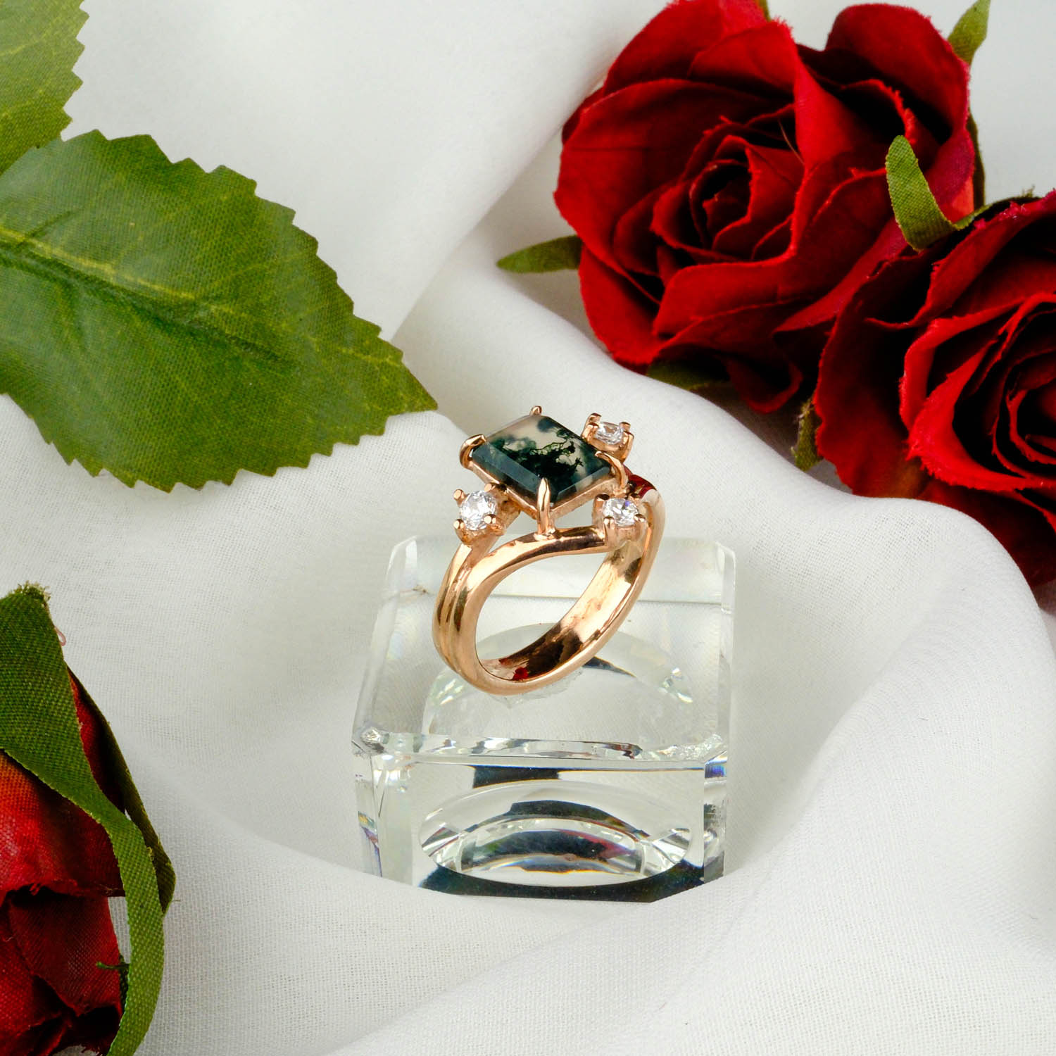 Moss Agate Taşı rose gümüş yüzük16-0