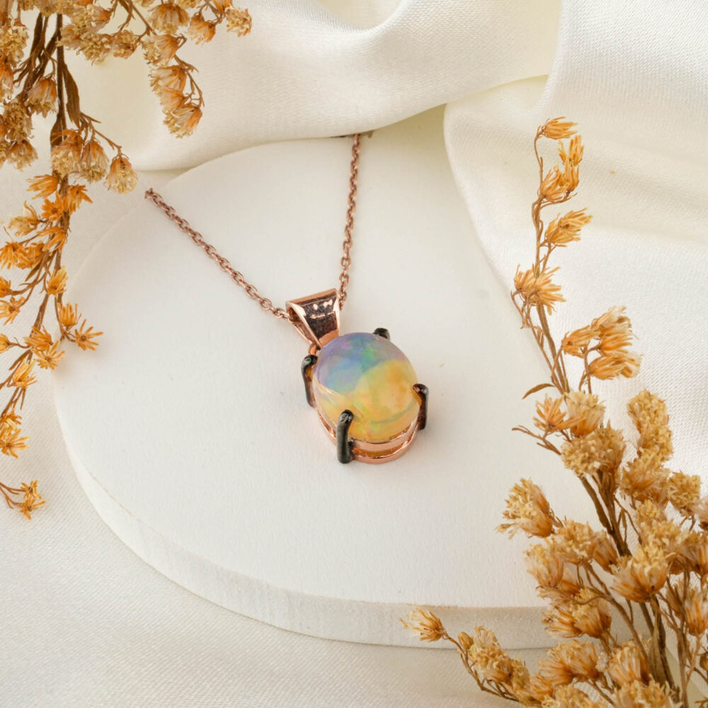 Opal Doğal Taş Gümüş Rose Bayan Kolye