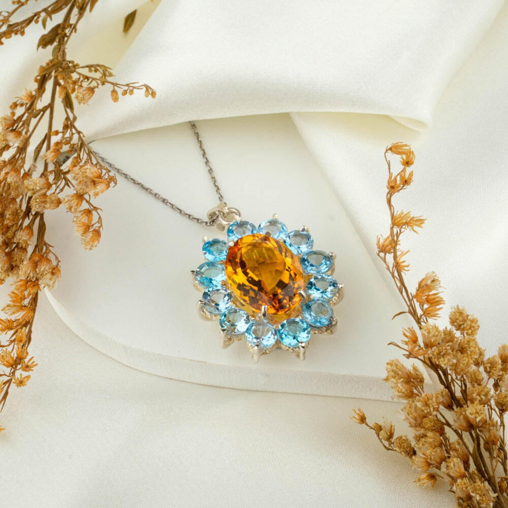 Sitrin Blue Topaz Doğal Taş Gümüş Bayan Kolye