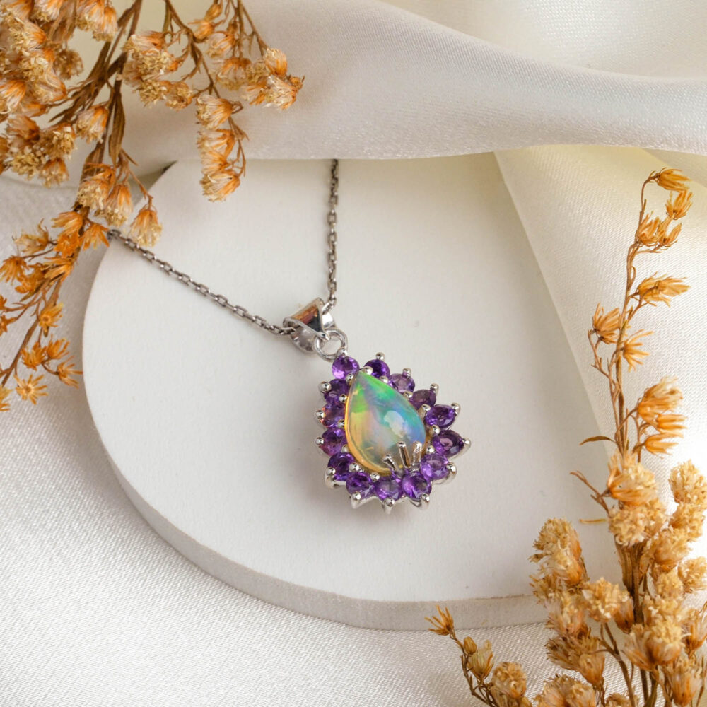 Opal Ametist Doğal Taş Gümüş Bayan Kolye